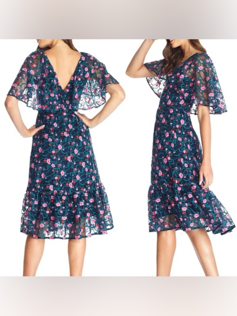 Dress the Population Virginia Dress Floral Embroidered Flutter Cape Sleeve Sz XL